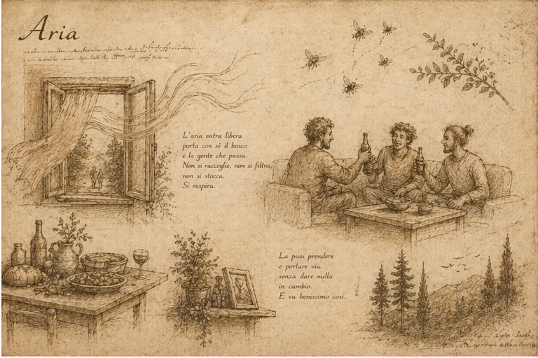 Illustrazione su carta in stile diario: finestra aperta, tavola, api e ramo, bosco, persone che brindano e testo a mano al centro