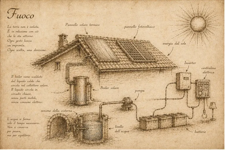 Schema illustrato: pannelli solari termici e fotovoltaici, boiler, batterie, inverter e uso domestico